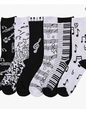 6 Pairs Music Theme Crew Socks  Size 9-11
